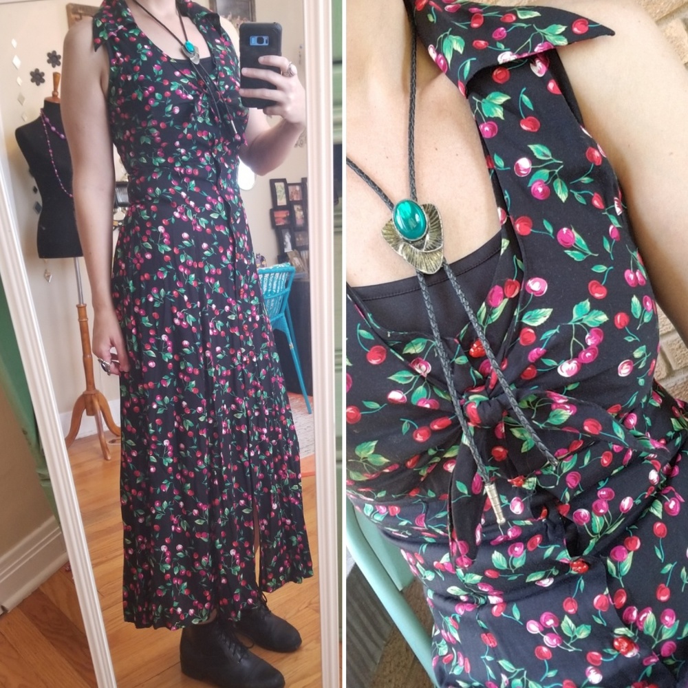 VTG Bobbie Bee Cherry Tie Maxi Dress - Picture 1 of 8